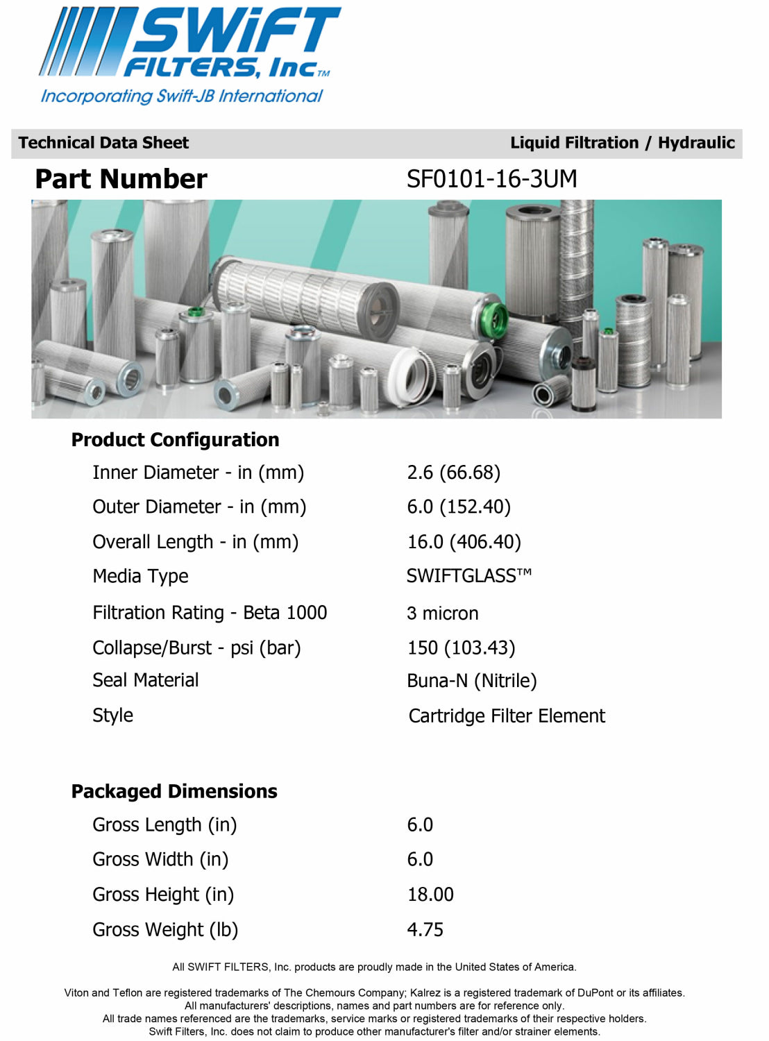 Tech Data Cartridge Filter Element SF0101-16-3UM 3 Micron Microglass Dimensions