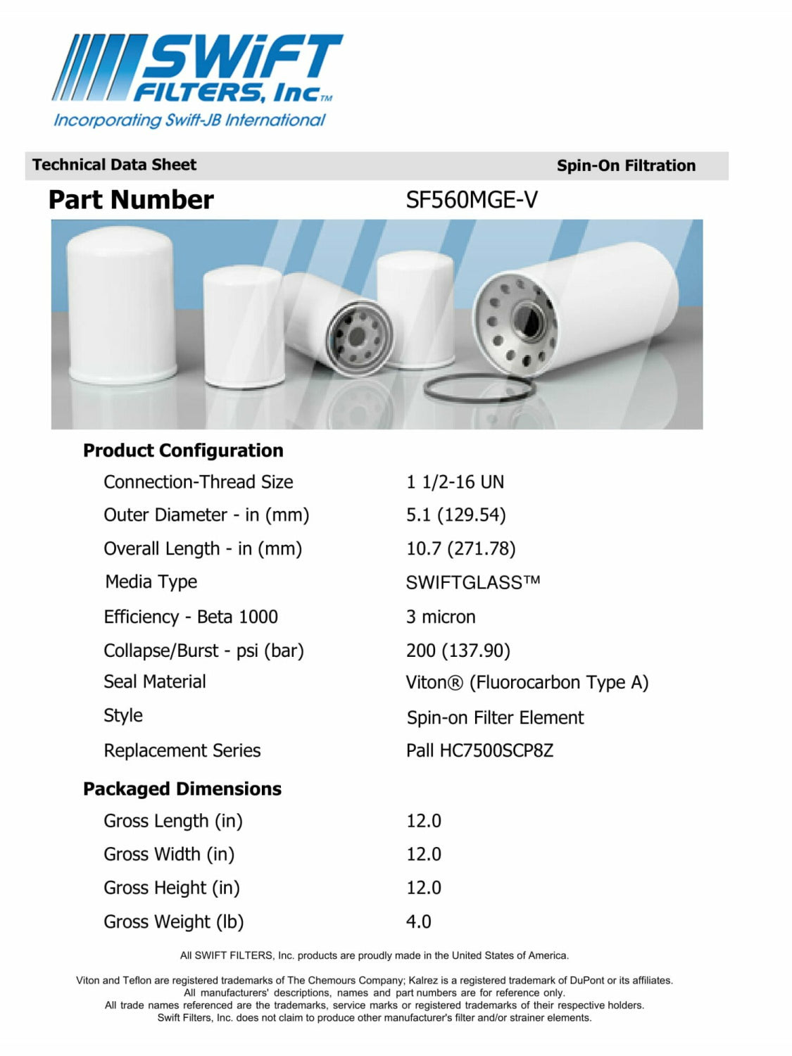 Spin-On Filter Element SF560MGE-V 3 Micron Microglass