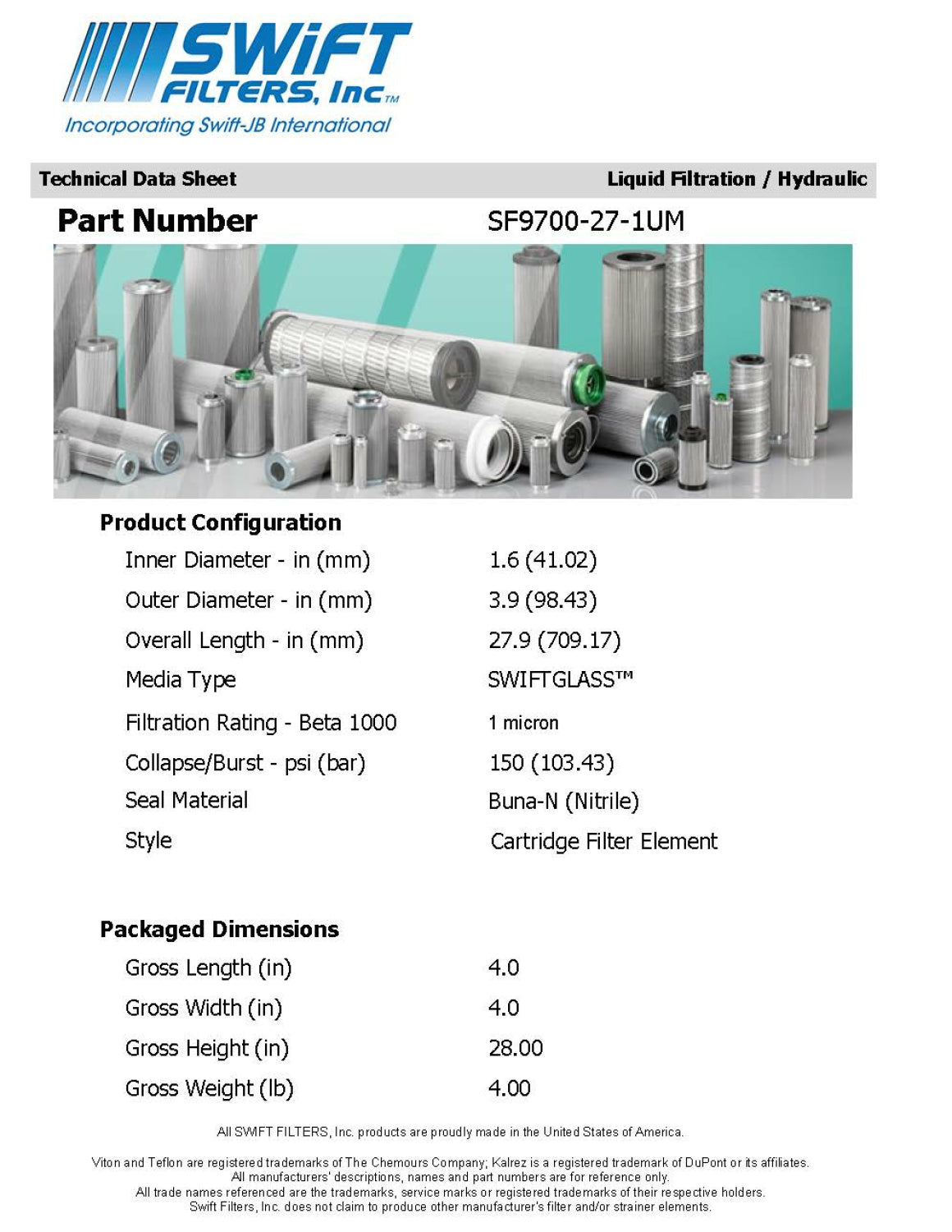 Cartridge Filter Element SF9700-27-1UM 1 Micron Microglass