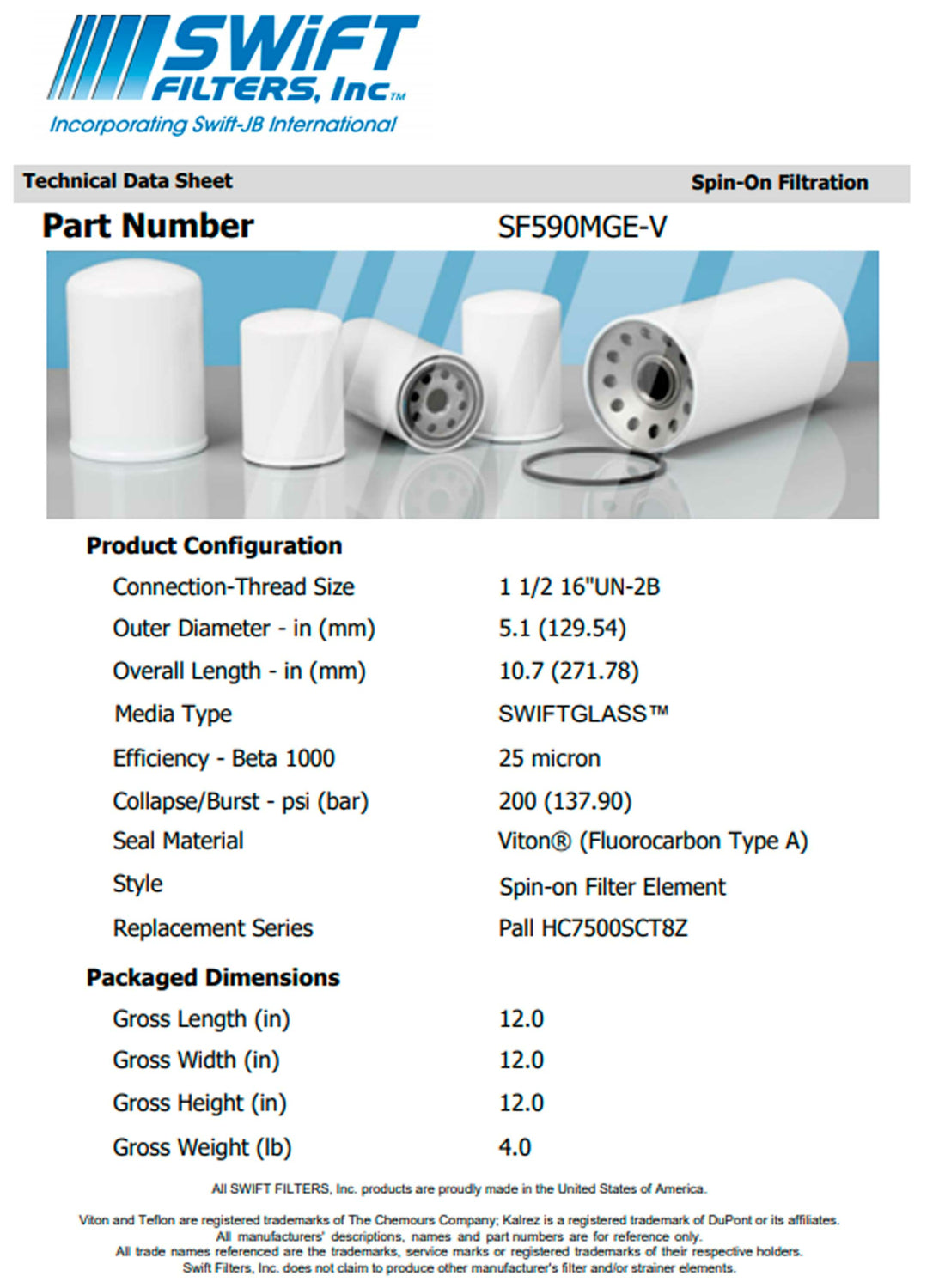 Spin-On Filter Element SF590MGE-V 25 Micron Microglass