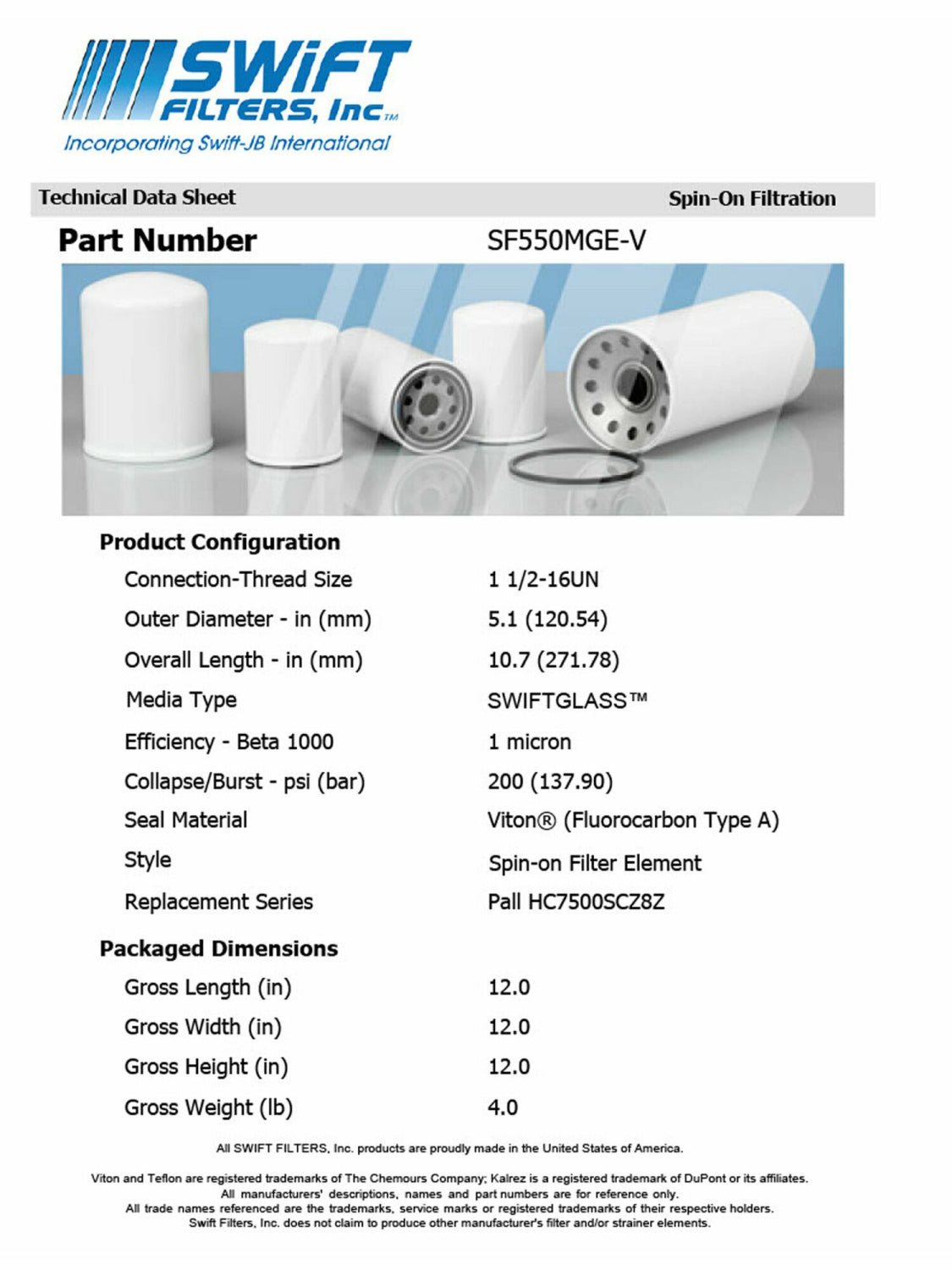 Spin-On Filter Element SF550MGE-V 1 Micron Microglass